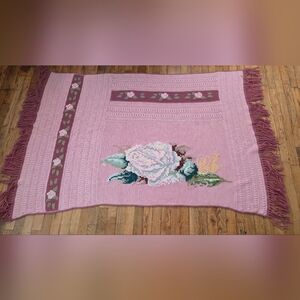 Handmade Crochet Afghan Blanket W/Rose Motif Pink